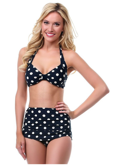 Vintage Inspired Swimsuit 1950s Style Black Polka Dot Two Piece Swimsuit